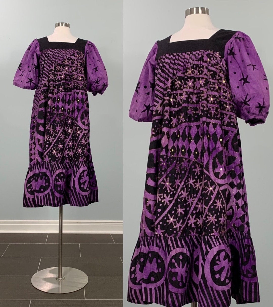 1980s Black and Purple Geometric House Dress by Ramona Rull Size 4/6 ...