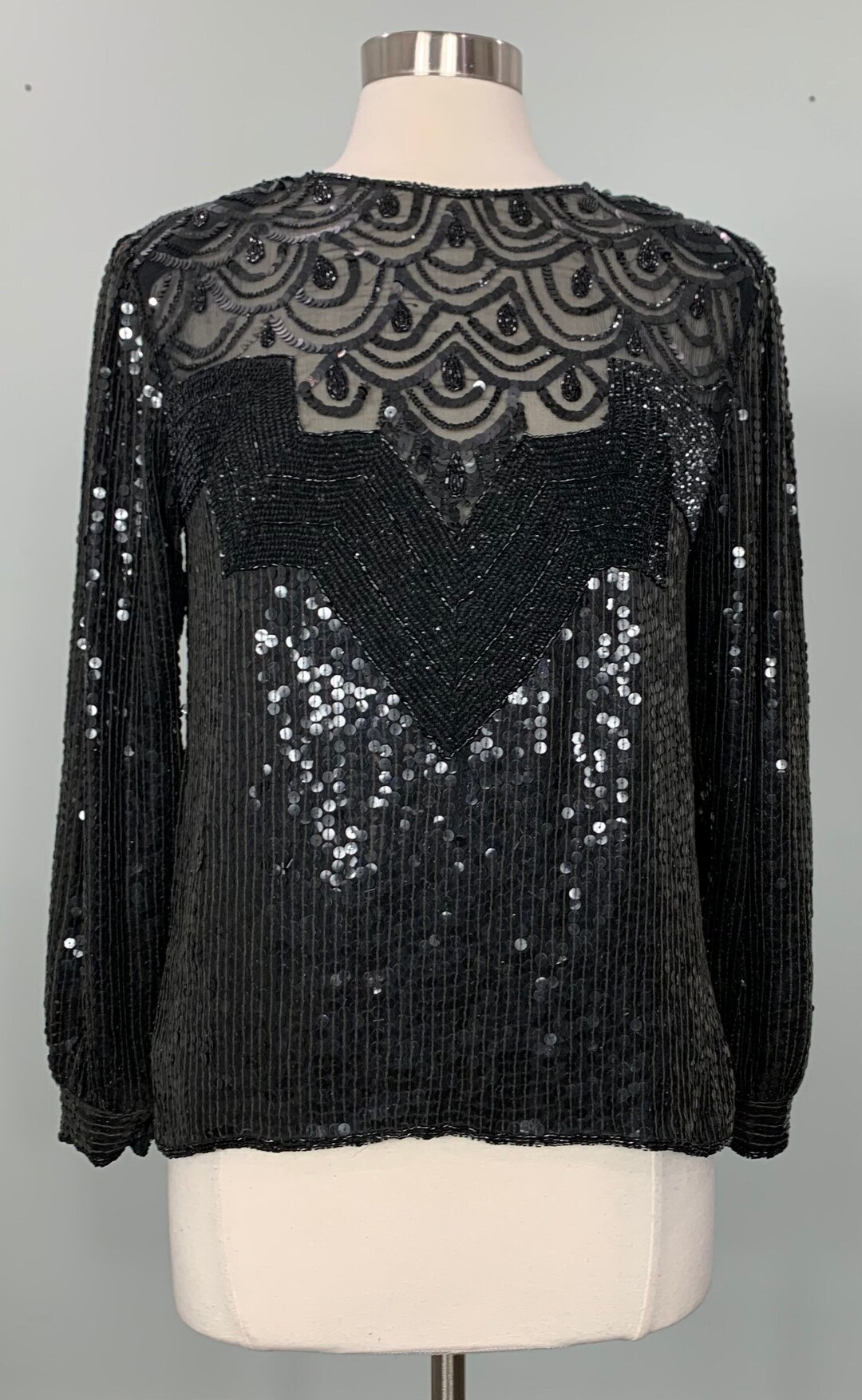 1980s Raiment Fashions Black Beaded and Sequin Long Sleeve Blouse Size ...