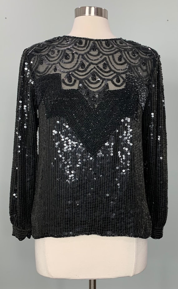 1980s Raiment Fashions Black Beaded and Sequin Lon