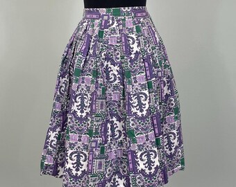 1950s Purple Novelty Pleated Circle Skirt - Size 00/0
