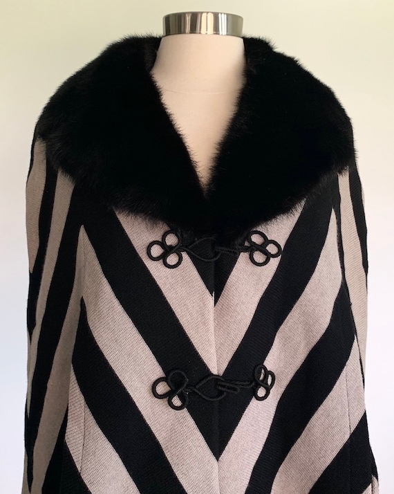 1960s Black and Gray Chevron Cape with Black Mink