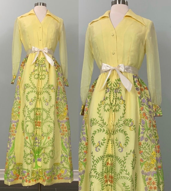 Yellow Floral Hostess Dress by Alfred Shaheen - Si