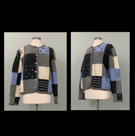Blue and Gray Wool Snowflake Patchwork Wool Cardi… - image 10