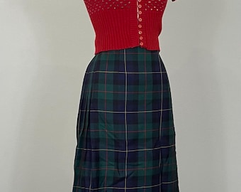 James Pringle Weavers Dark Green Plaid Flat Front Pleated Wrap Skirt - Size 12/14