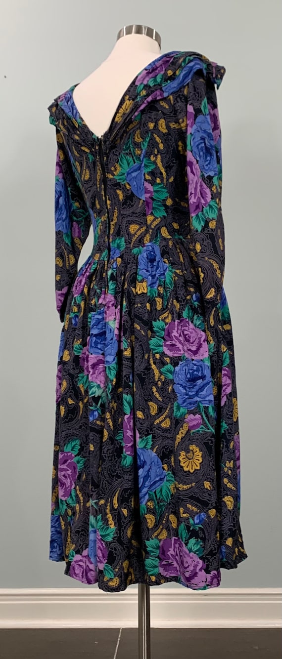 1980s Black and Blue Floral Fit and Flare Dress b… - image 6