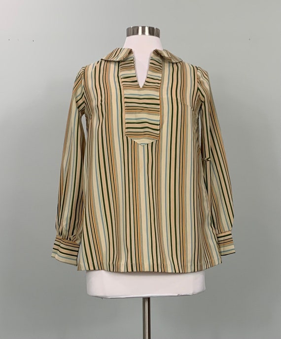 1970s Beige and Dark Green Vertical Striped Blous… - image 2