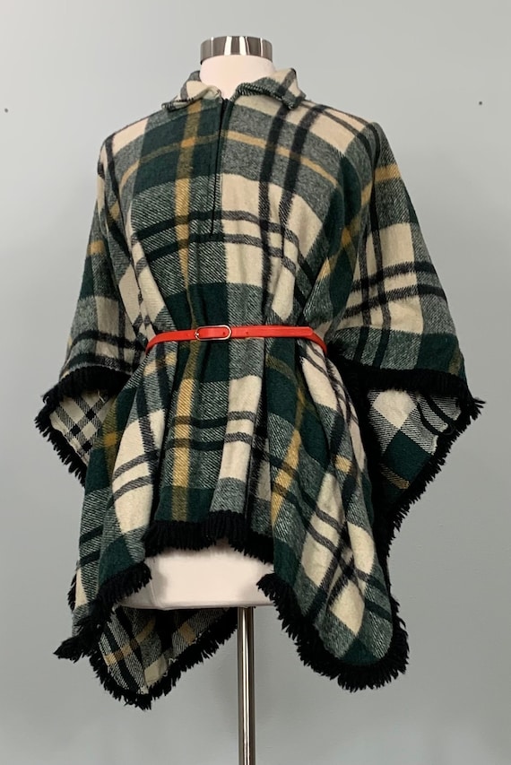 Beige and Green Plaid Fringed Poncho - Small/Mediu