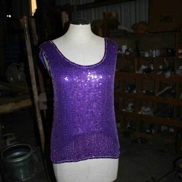 The Voices in My Head - Purple Sequin Tank Top by Lord and Taylor - Sequins and Beads on Silk - Sequin Shell Top - 32" Bust