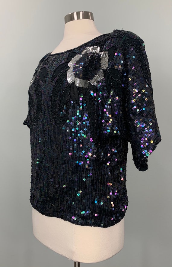 Black and Silver Sequin Blouse - Size 12/14 - Dis… - image 2