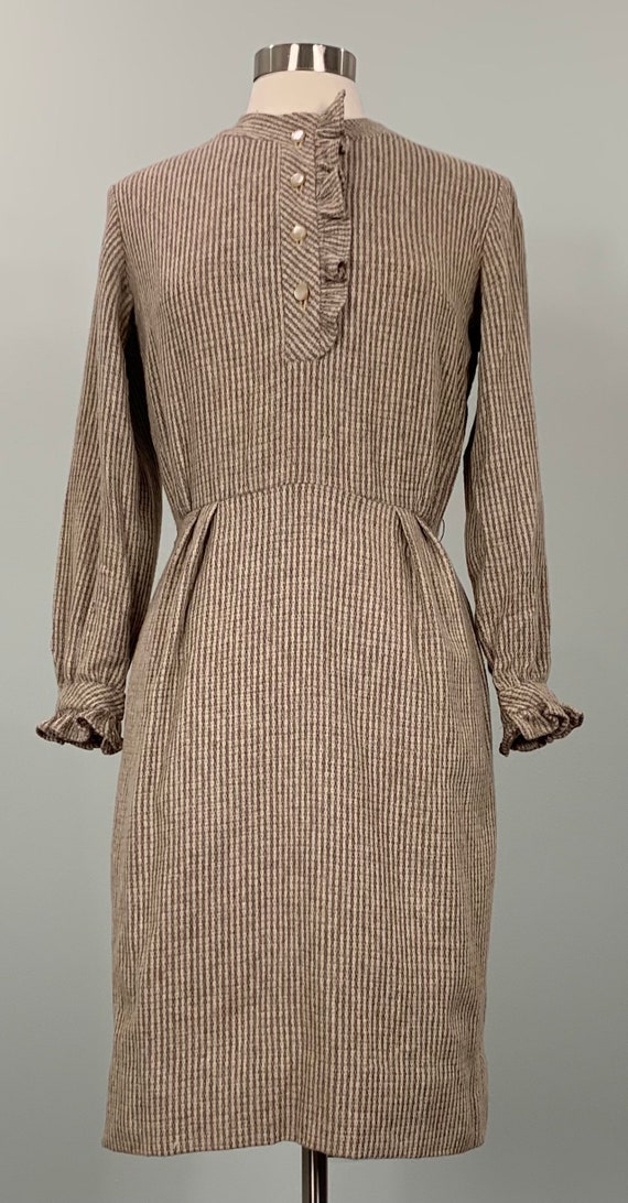 Brown and Beige Stripe Wool Wiggle Dress - Size 4… - image 1
