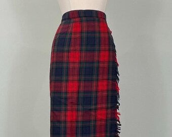 1990s Red Dark Green Navy Plaid Straight Wrap Skirt - Size 14/16