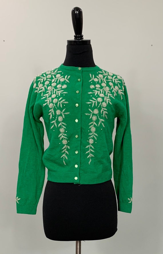 1950s Lin's Hand Beaded Green and White Cardigan -