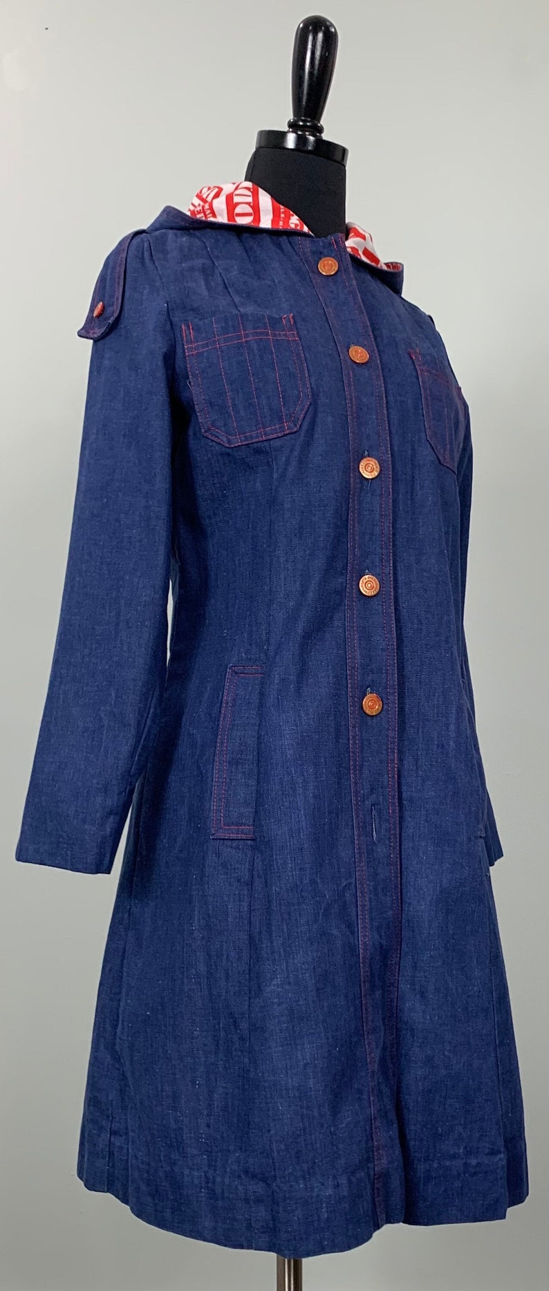 1970s Blue Jean Hooded Jacket Vintage Denim Jacket 70s Denim Duster Up to Size 6 Rush Militaries Equipment 70s Denim Blue Coat image 1
