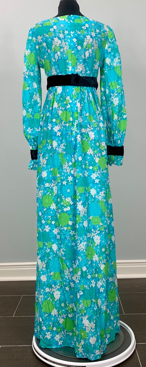 1970s Blue Floral Maxi Dress with Black Velvet Trim -… - Gem