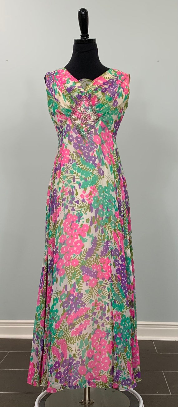 1960s Pink and Turquoise Floral Formal - Size 6/8 