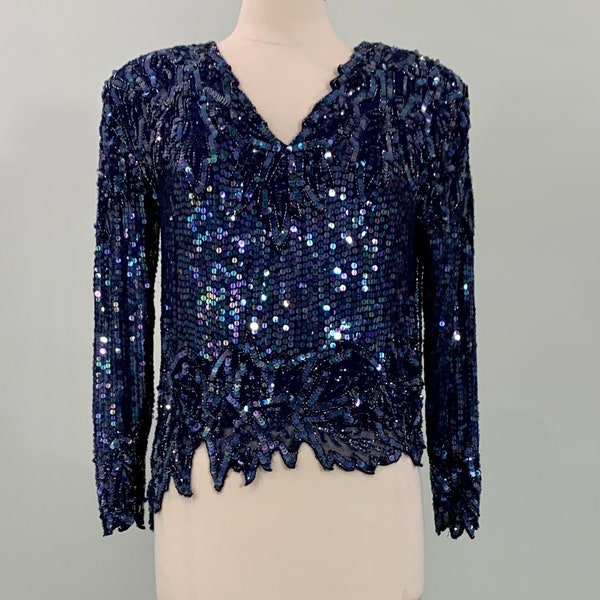 1980s O.R. Silk Fashions Iridescent Blue Sequin Asymmetrical Blouse - Up to Size 6/8 - 80s Blue Iridescent Sequin Beaded Long Sleeve Top