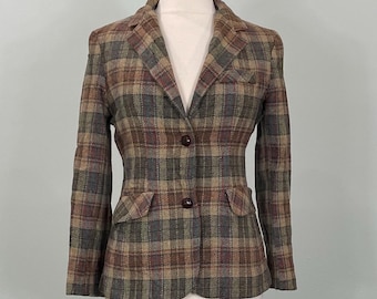 1980s Brown and Gray Plaid Wool Blazer - Size 8/10