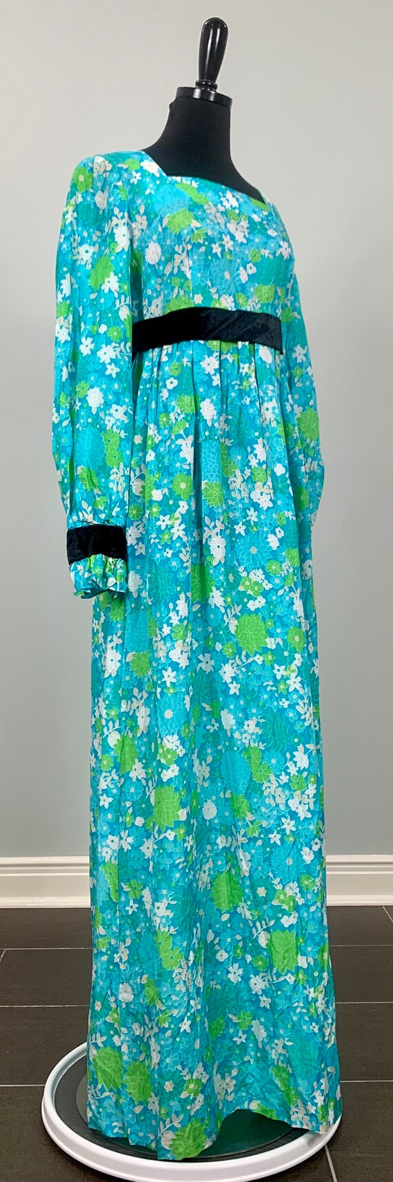1970s Blue Floral Maxi Dress with Black Velvet Trim -… - Gem