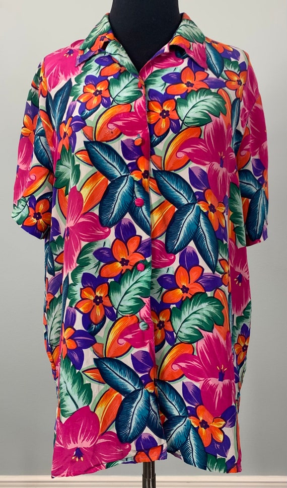 1990s Rainbow Floral Tropical Short  Blouse - Siz… - image 1