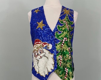 1990s Sequin Beaded Santa Christmas Tree Holiday Vest - Small/Medium