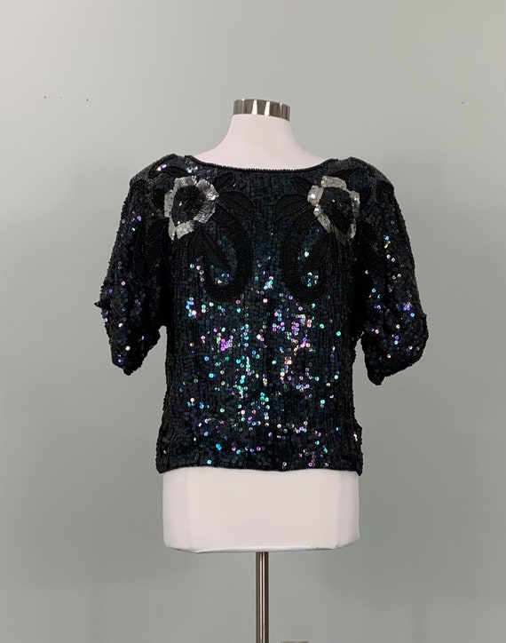 1980s Black Iridescent and Silver Sequin Blouse - 