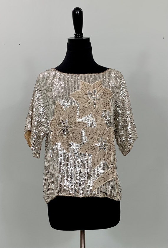 Silver Sequin Floral Blouse by J.L.B. - Size 6/8 -