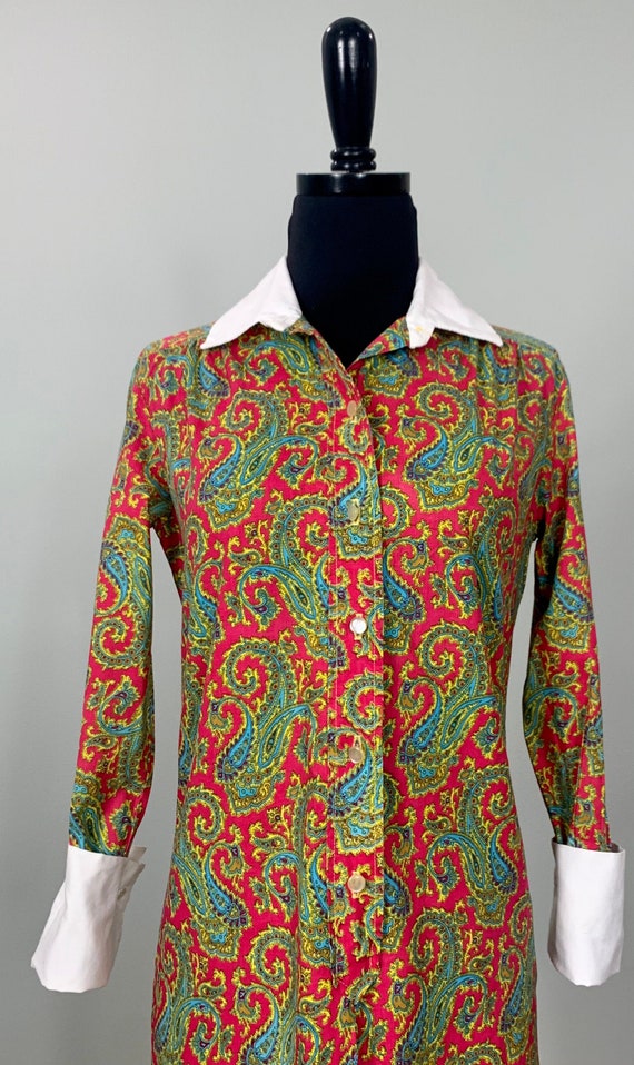 1960s Miss Elaine Hot Pink Paisley Shirtdress - Si