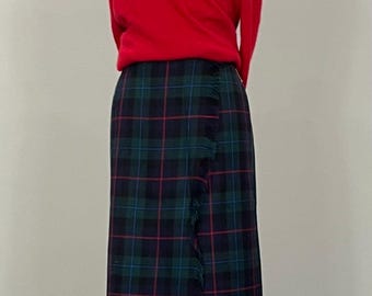 1990s Navy Blue Dark Green Tartan Plaid Flat Front Wrap Skirt - Size 12/14