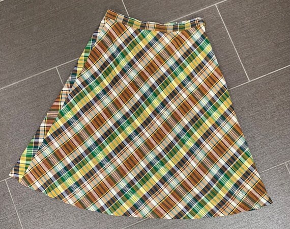 Circle Skirt Brown Plaid Skirt 70s Vintage Yellow Plaid A-line