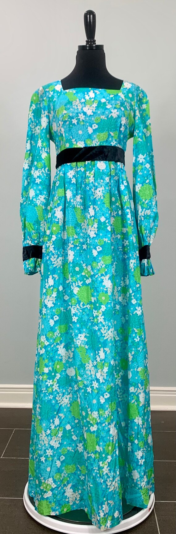 1970s Blue Floral Maxi Dress with Black Velvet Trim -… - Gem