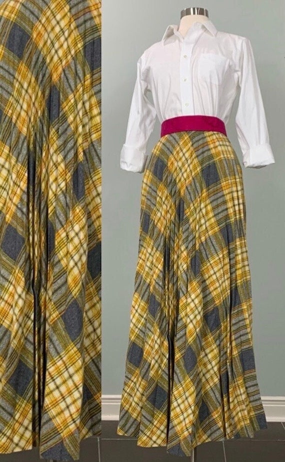 Gray and Yellow Plaid Accordion Maxi Skirt by Garl