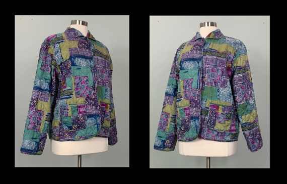 Blue and Green Patchwork Print Quilted Reversible… - image 3