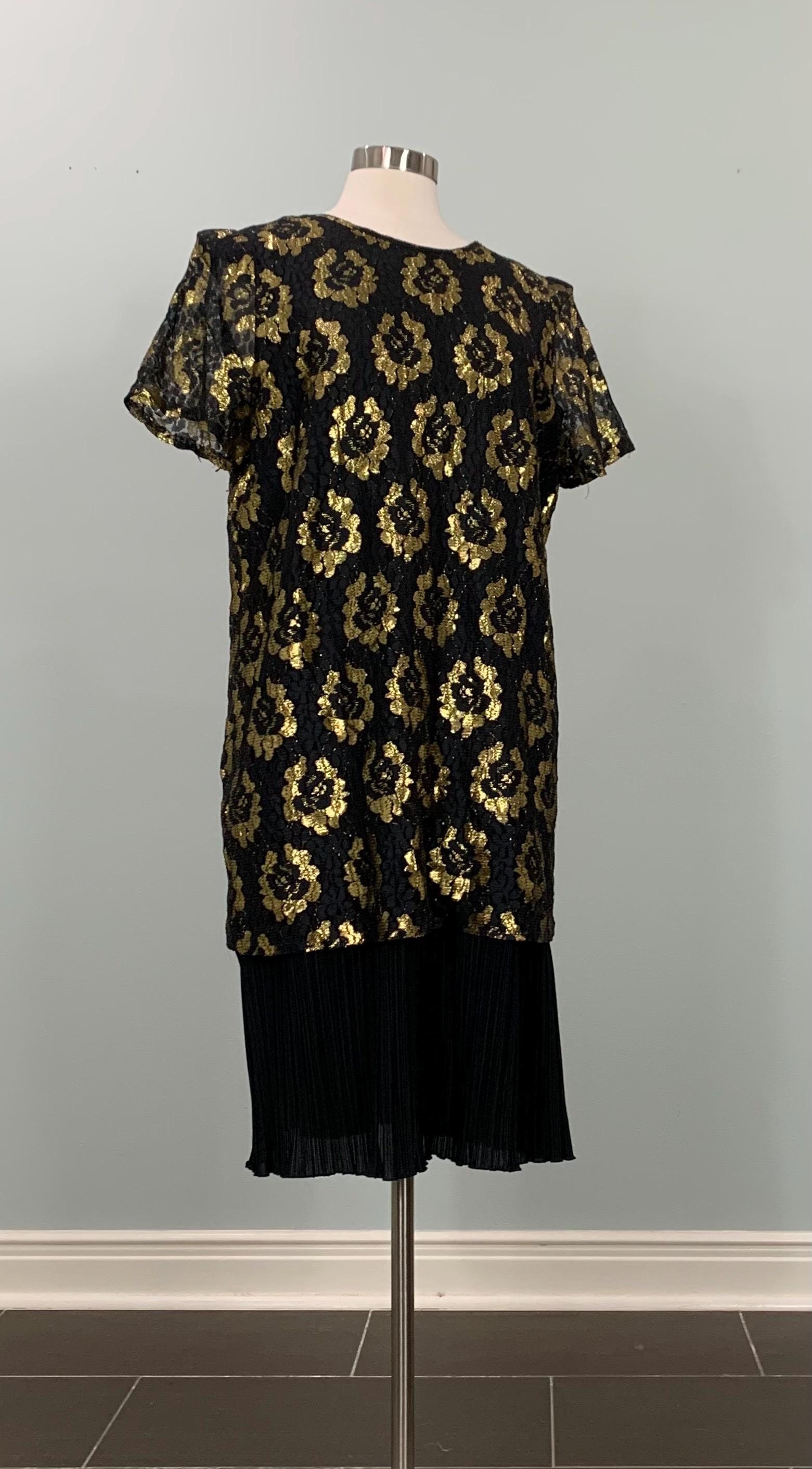 Metallic Gold Lace Dress by Cue Fashions - Size 14/16 - 80s Black and Gold  Lame Lace Formal - Etsy