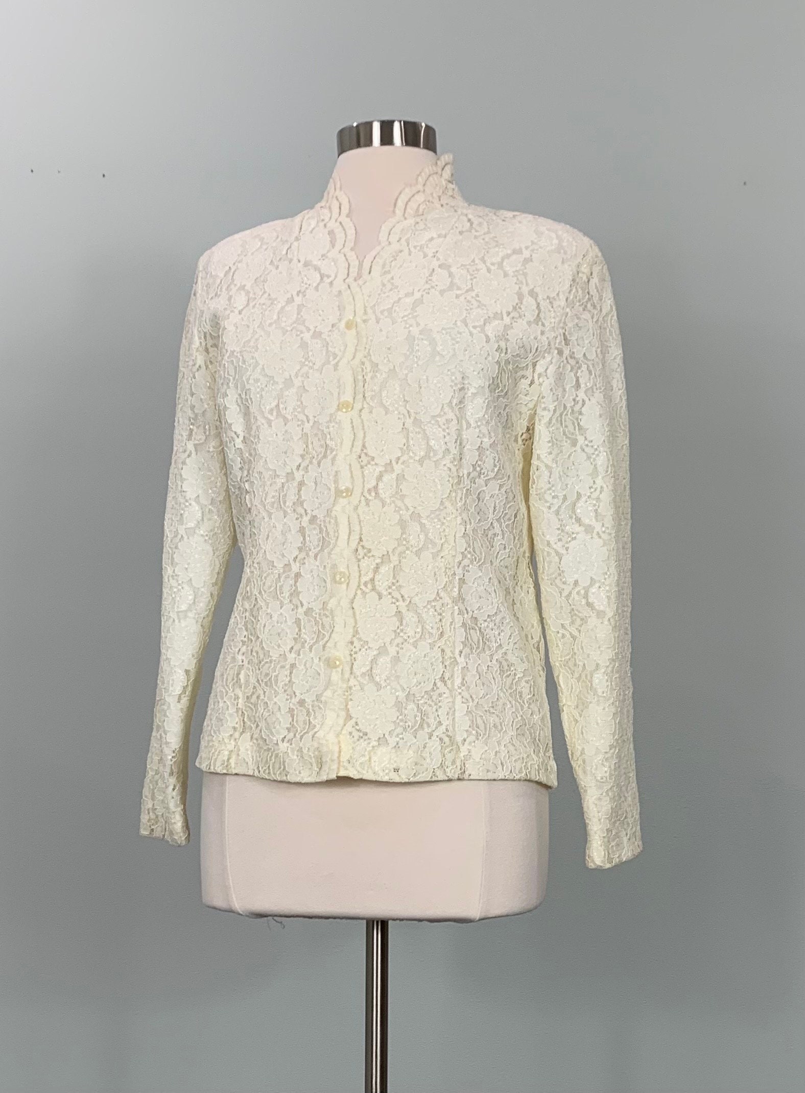 Fitted Ivory Lace Long Sleeve Blouse - Size 6/8 - 90s Beige
