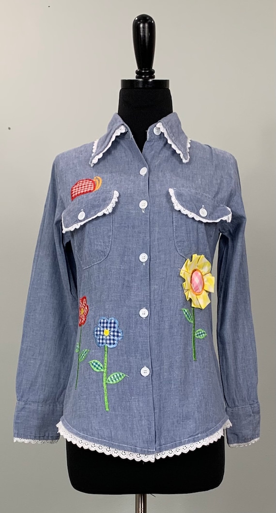 Chambray Embroidered Floral Shirt by Boutique Inte