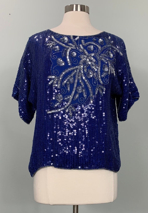 Blue and Siver Sequin Blouse by J.L.B. - Size 10/1