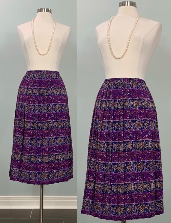 Purple and Blue Pleated Floral Skirt by Leslie Fay