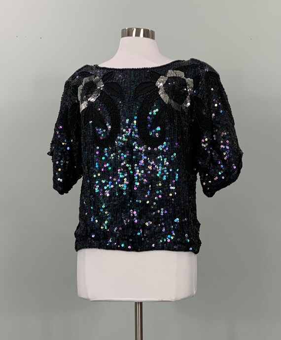 Vintage 80s Boxy Oversized Sequin Blouse Black Silver 8 10 12 main image 1