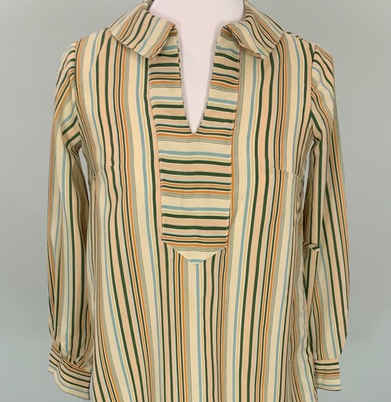 1970s Beige and Dark Green Vertical Striped Blous… - image 10