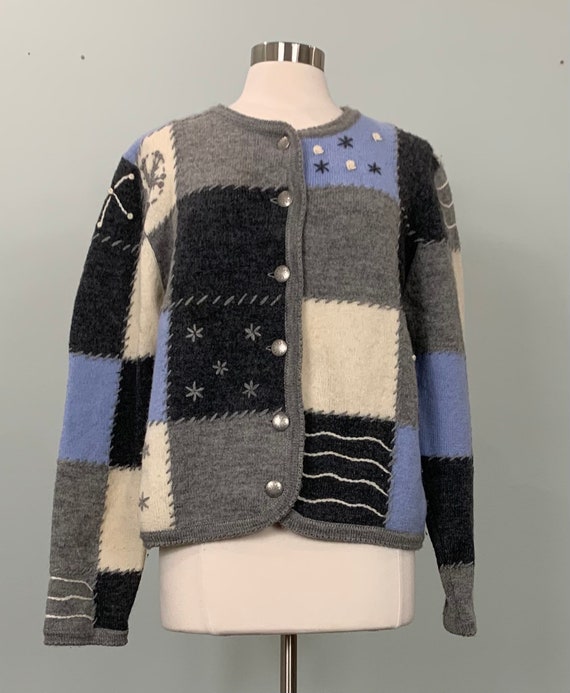 Blue and Gray Wool Snowflake Patchwork Wool Cardi… - image 1