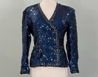 Navy Blue and Gold Sequin Beaded Fitted Jacket - Size 4/6
