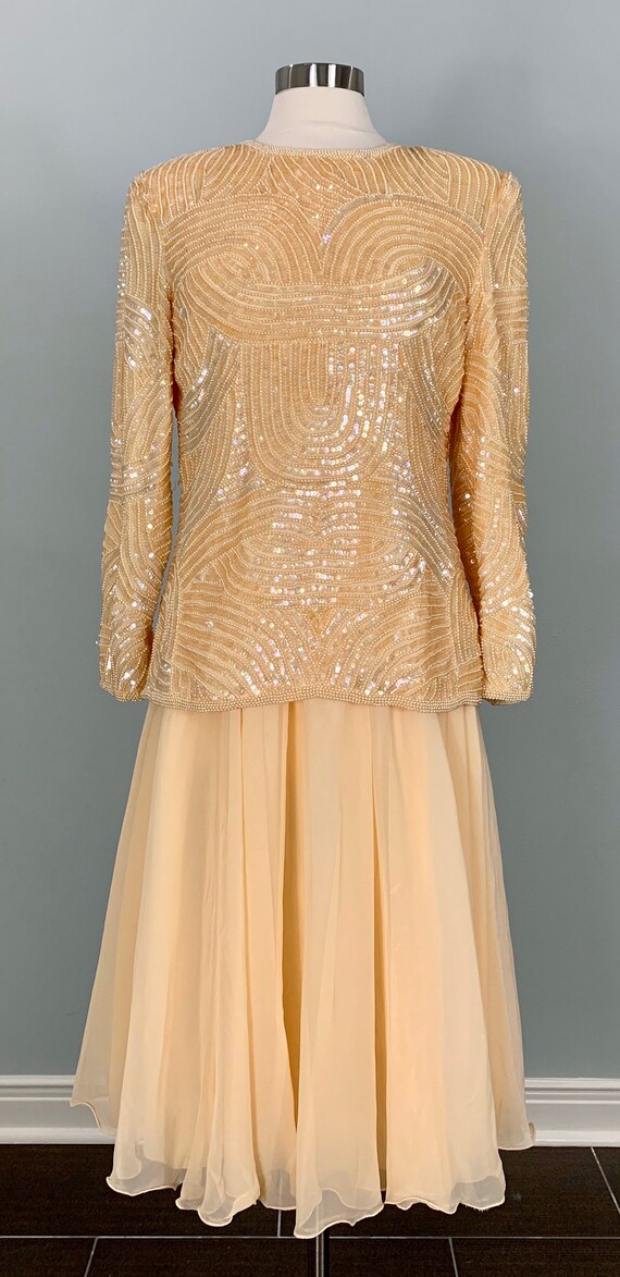 1980s Peach Laurence Kazar Sequin Blouse with Ski… - image 1