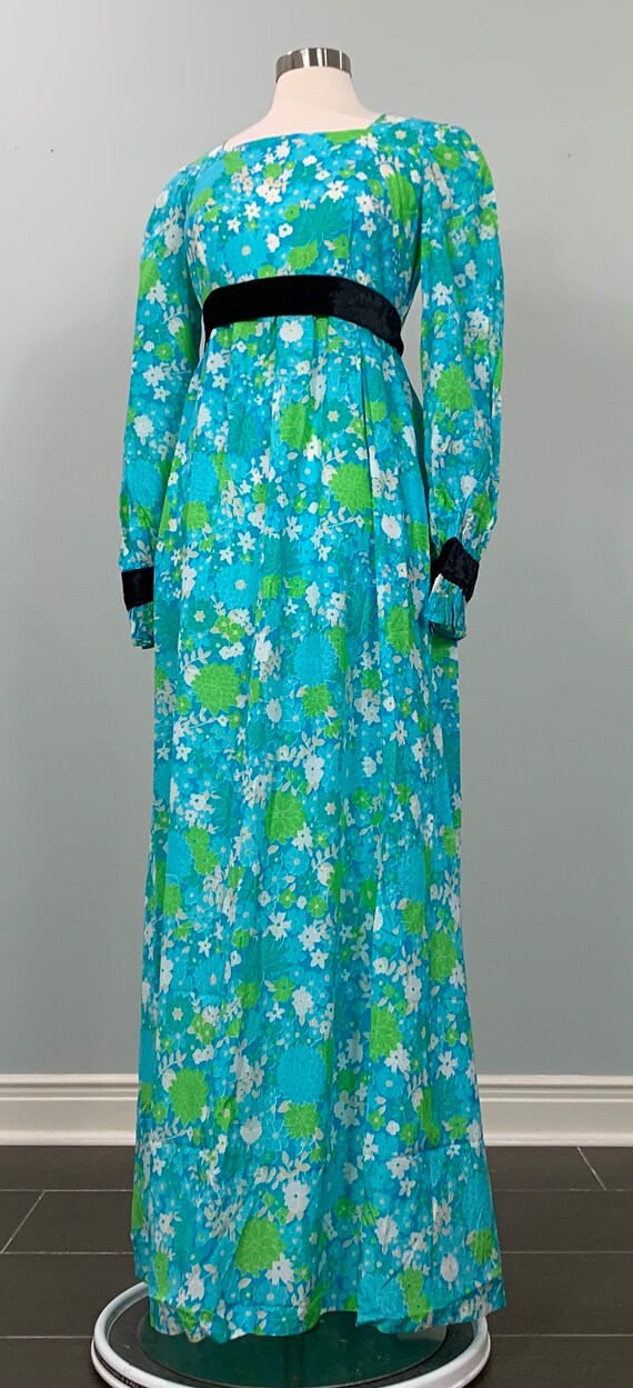 Blue and Green Floral Formal Maxi with Black Velv… - image 3