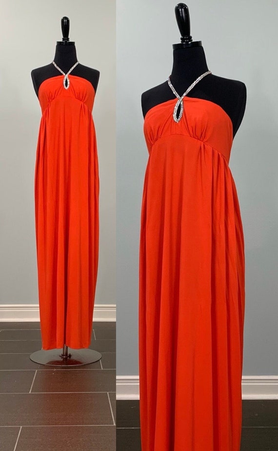 Tangerine Rhinestone Halter Dress - Size 00 - 60s 