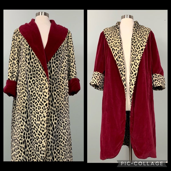 1960s Leopard and Red Raspberry Reversible Swing Coat by Lawrence of London - Size 8/10 - Rockabilly Leopard Coat - Vintage Leopard Coat