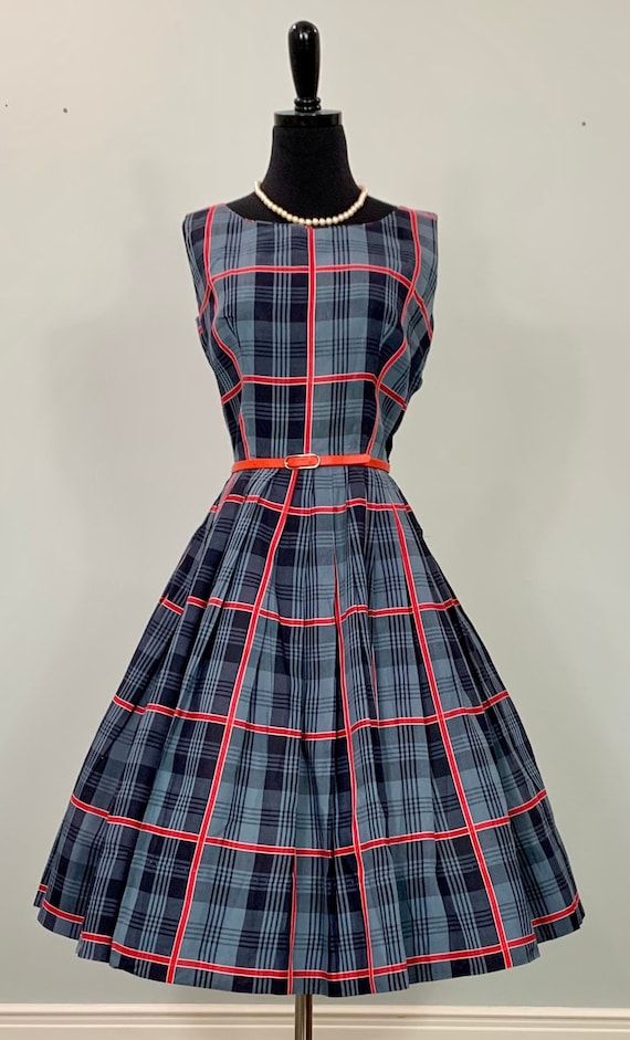 Navy Blue and Red Sleeveless Plaid Circle Skirt Dr