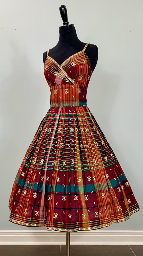 1950s Red and Green Plaid  Fit and Flare Dress by… - image 3