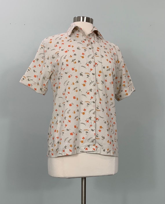 1960s Beige and Orange Floral Button Down Shirt b… - image 3