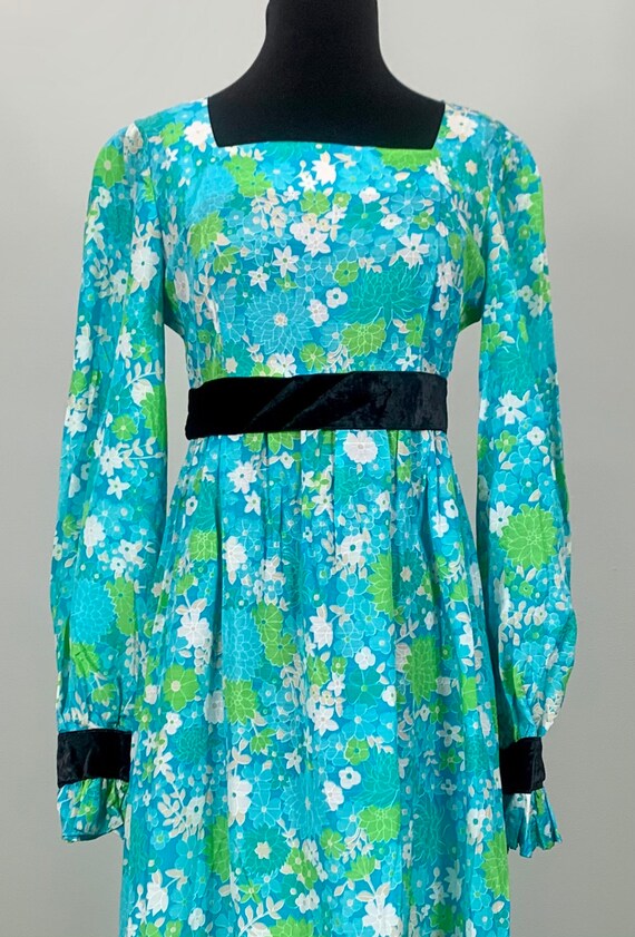 1970s Blue Floral Maxi Dress with Black Velvet Trim -… - Gem