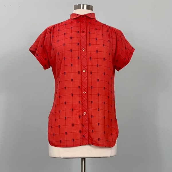 1950s Red and Blue Rockabilly Shirt - Size 6/8 - 50s Red and Blue Button Down Top - 50s Summer Blouse